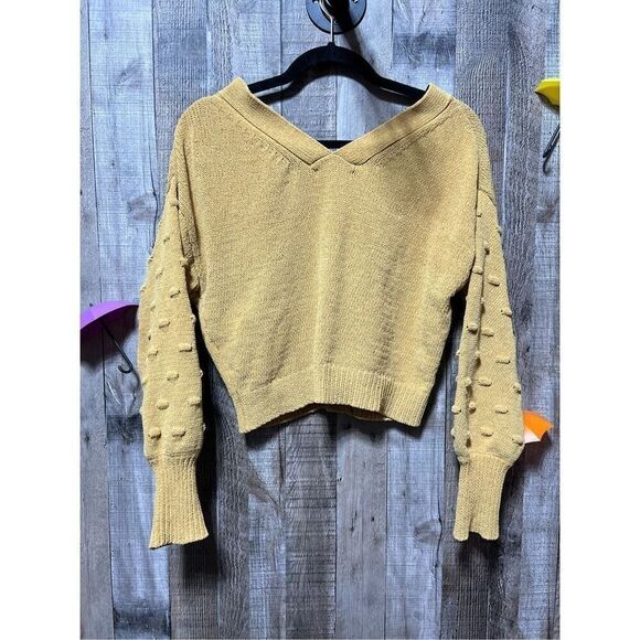 Moon & Madison Anthropologie Mustard Cropped Popcorn Sleeve Button Cardigan - Picture 2 of 4